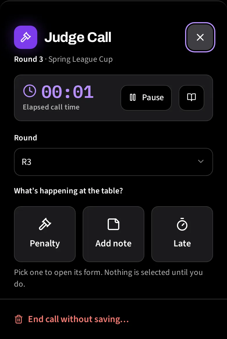 Judge Call on a phone, showing the call timer, the round selector and the Penalty, Note and Late buttons