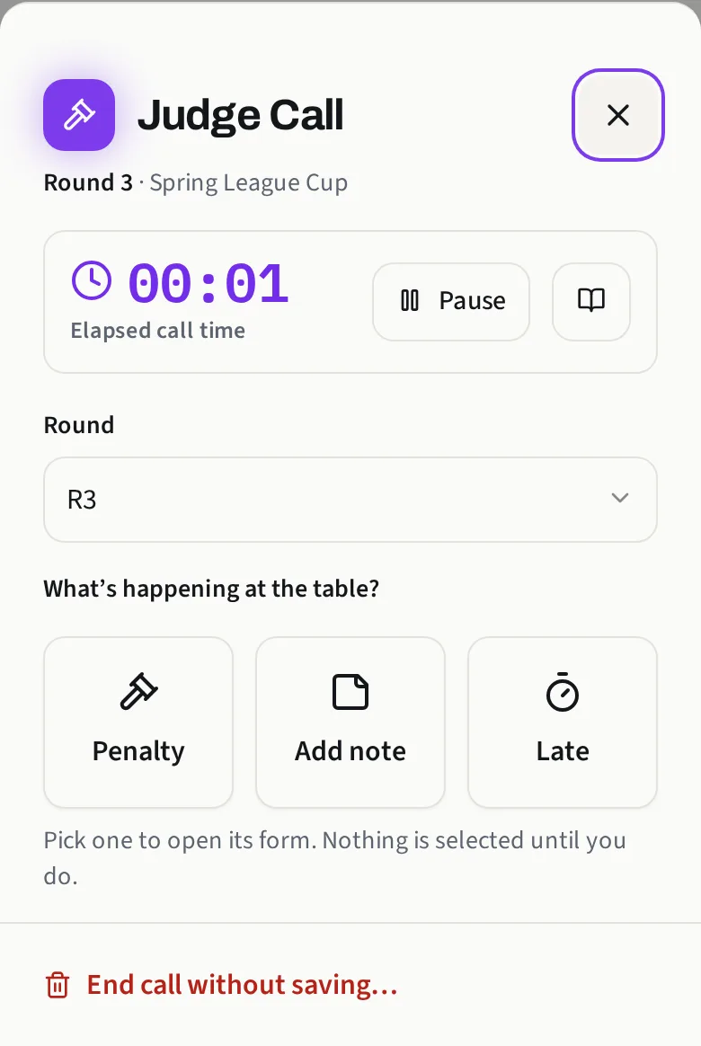 Judge Call on a phone, showing the call timer, the round selector and the Penalty, Note and Late buttons