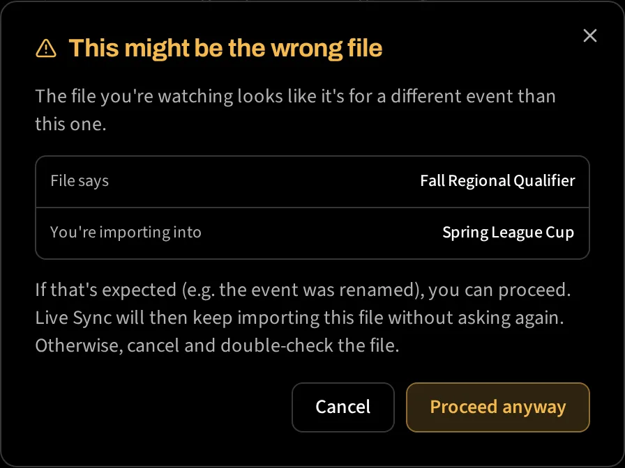 The This might be the wrong file warning, comparing the file's event name with the Ruloo event name