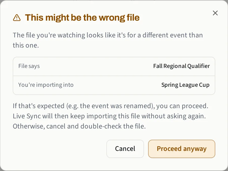 The This might be the wrong file warning, comparing the file's event name with the Ruloo event name