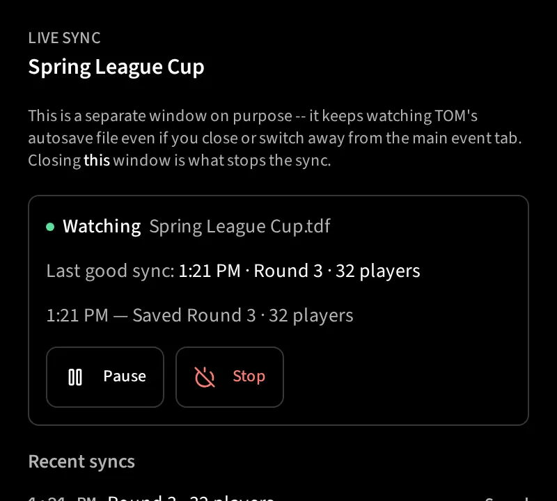 The Live Sync window watching a .tdf file, with the last import time and Pause and Stop buttons