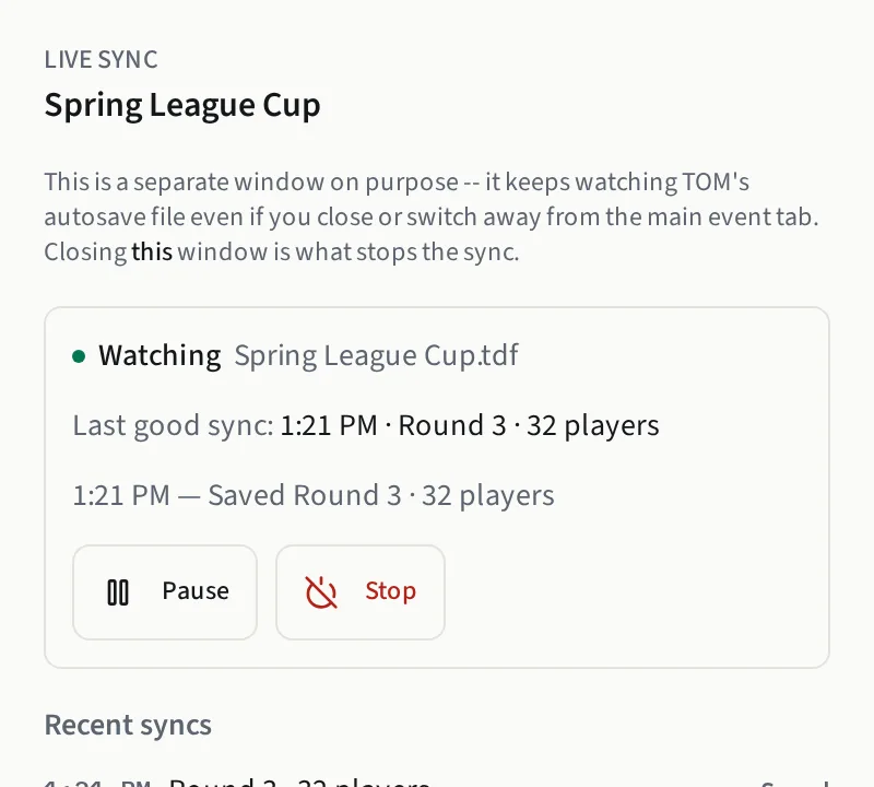 The Live Sync window watching a .tdf file, with the last import time and Pause and Stop buttons