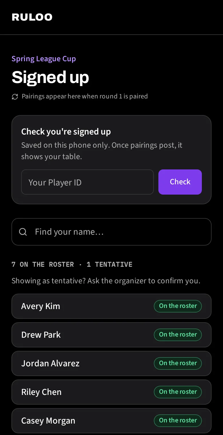 The player page on a phone during sign-ups, listing the players signed up so far