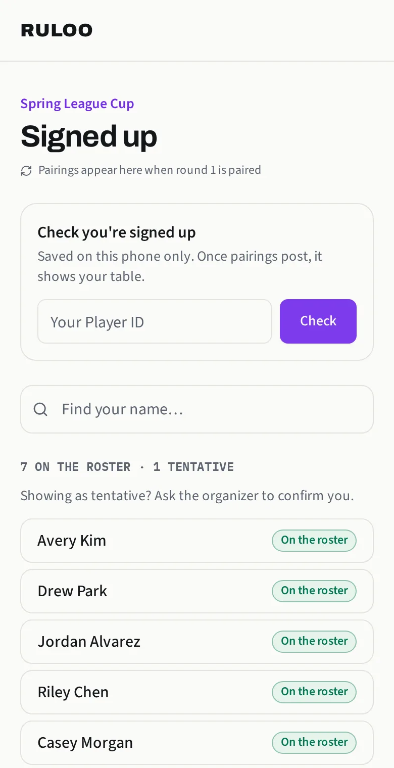 The player page on a phone during sign-ups, listing the players signed up so far