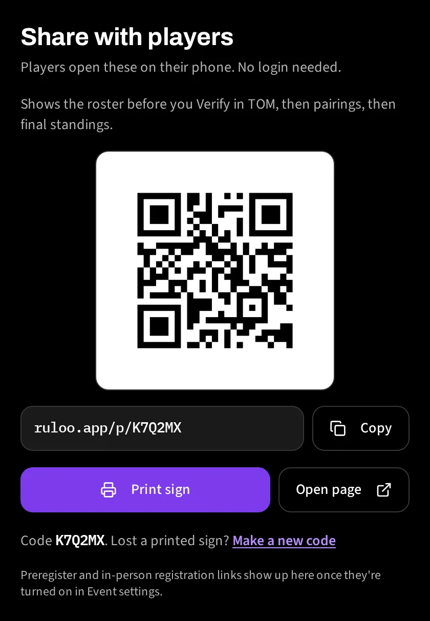 The Share with players page showing the QR code, the player link and a copy button