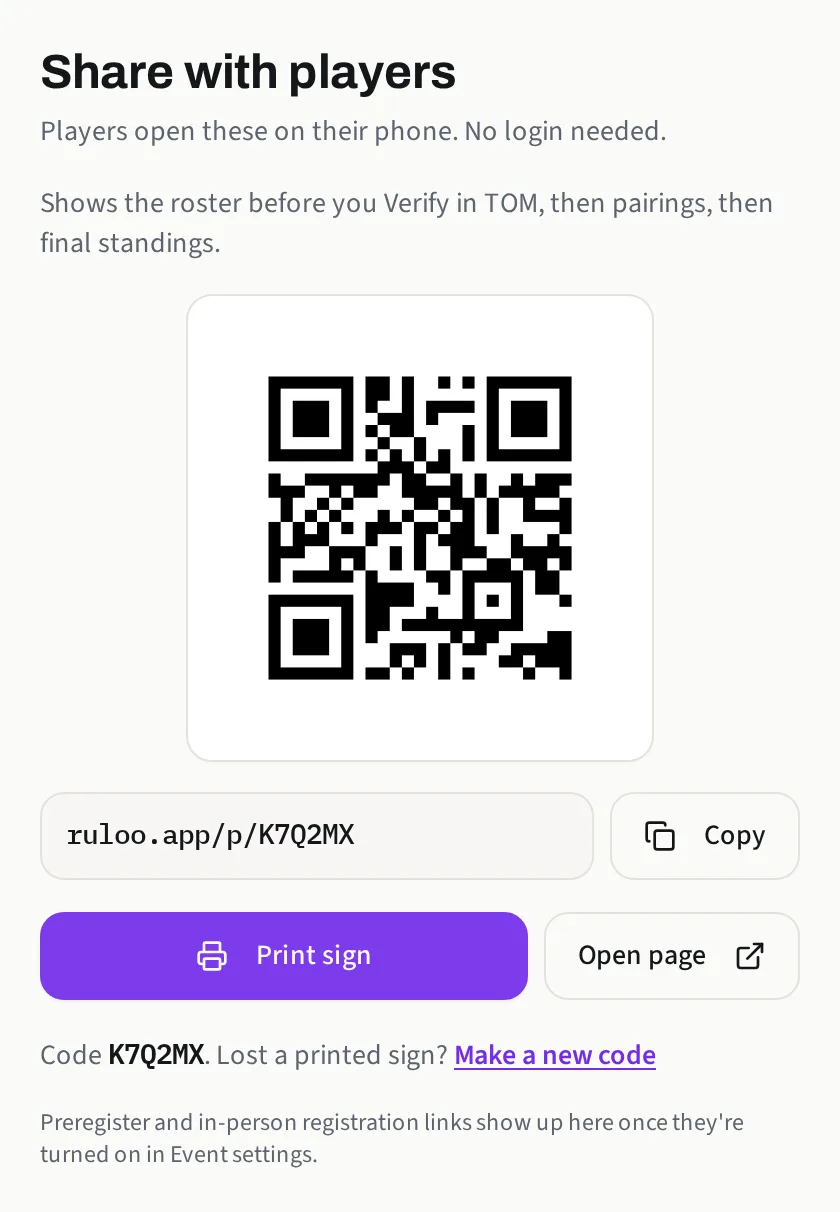 The Share with players page showing the QR code, the player link and a copy button
