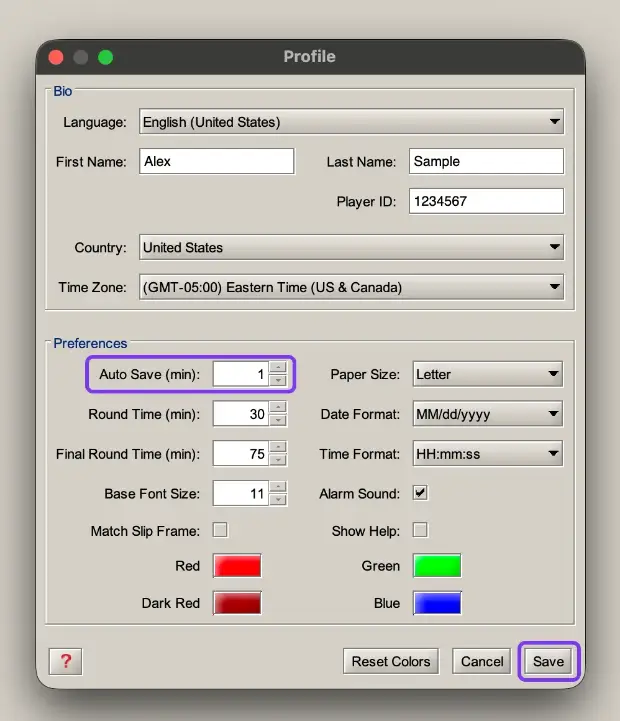 TOM's Profile window with Auto Save set to 1 minute and the Save button outlined