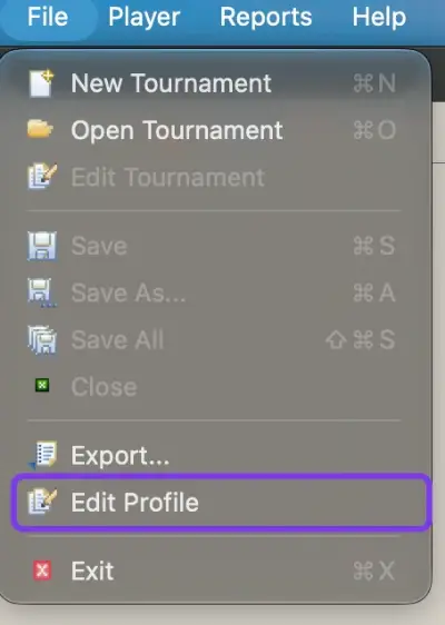 TOM's File menu with Edit Profile outlined